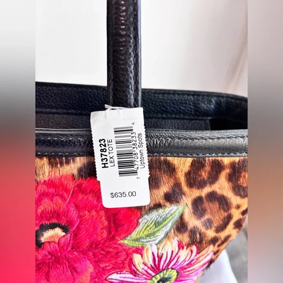 NWT Brighton Leopard Lex Tote Uptown Spots Black Leather Embroidered Flowers - Picture 7 of 15